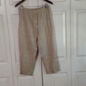 Lino 100 Linen beige cropped pants size medium Capri Hi Rise Zip Front Elastic